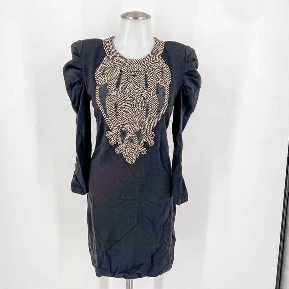 Armani Exchange Y2K Gold Chain-Link Embellished Black Dress Puff Sleeves